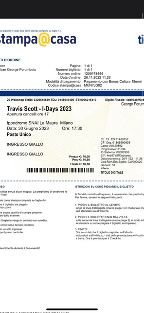 Biglietto Travis Scott - 30/06/2023 - Ippodromo SNAI Milano - Posto Unico Giallo