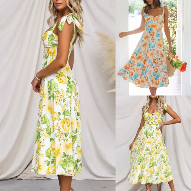 Womens Strappy Boho Floral Midi Dress Ladies Summer Beach Holiday Sun Dresses 14