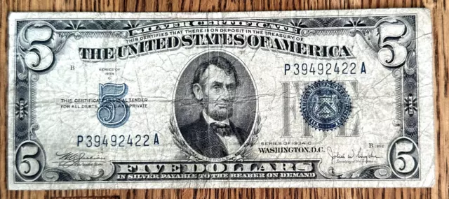 1934 C Five Dollar Silver Certificate $5 Bill Blue Seal Circulated Free Shipping