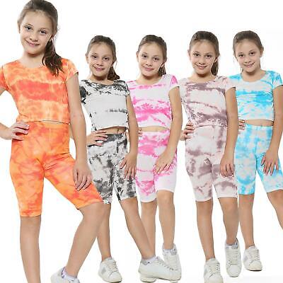 Kids Tie Dye Crop Top & Cycling Shorts Set Active Wear Girls Boys Age 5-13 years