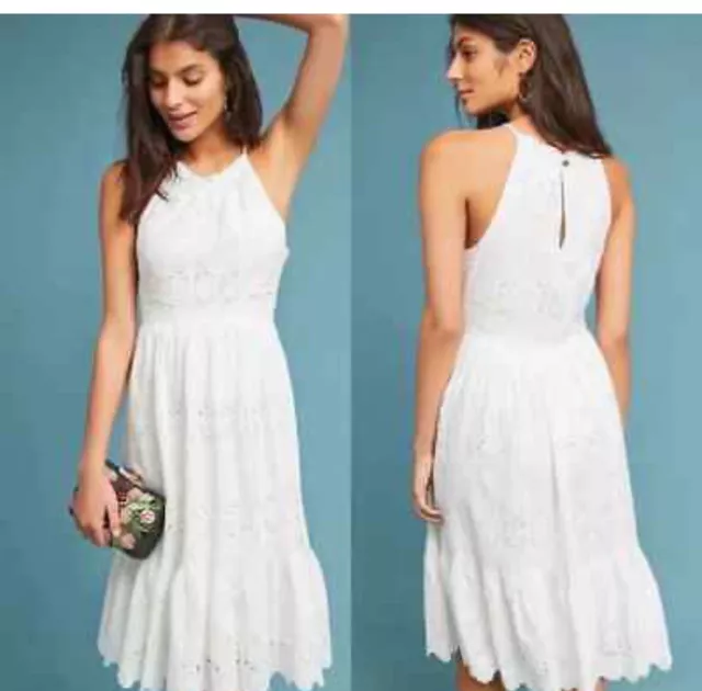 Anthropologie Maeve White Tiered Eyelet Midi Dress Size 6