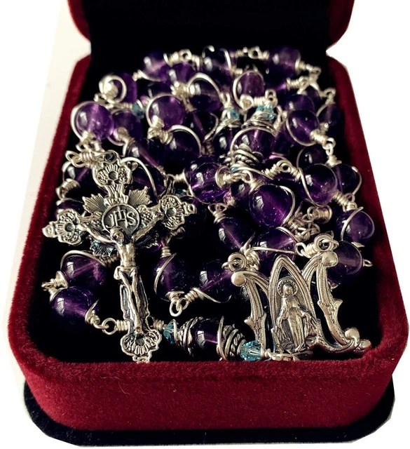 925 Sterling Silver Wire Wrapped Amethyst Rosary Beads Necklace Cross & Gift Box