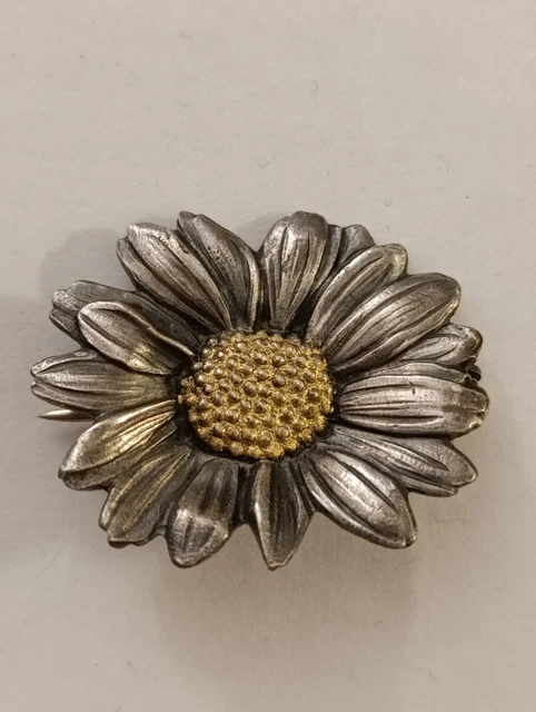 Broche Vintage Art Nouveau En Métal Argenté Peinte à La Main - Motif Fleurs - Occasion En Bon état