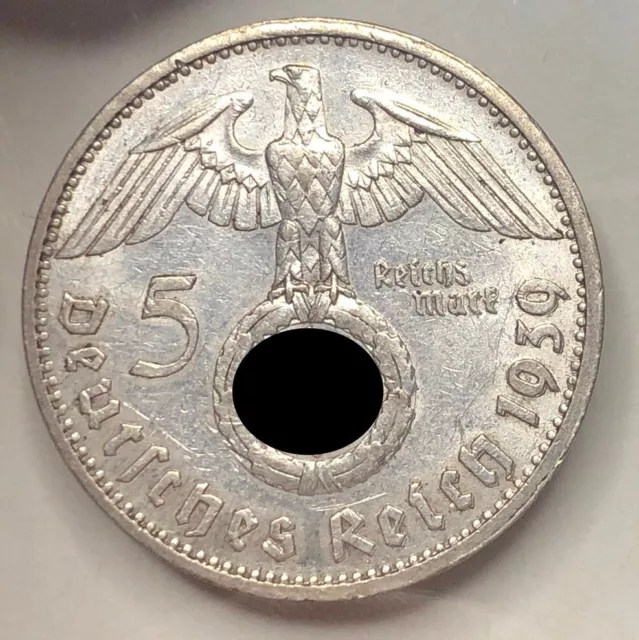 5 Mark 1939 G Reichsmark Drittes Reich , Hindenburg  . Silber .