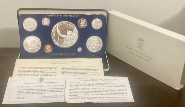 1977 Franklin Mint Panama 9 Coin Proof Set W/Silver 1, 5, & 20 Balboas Box & Coa