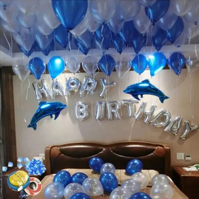 103 Piezas Globos Feliz Cumpleaños Decoraciones Set Bandera Delfines Azul Plata