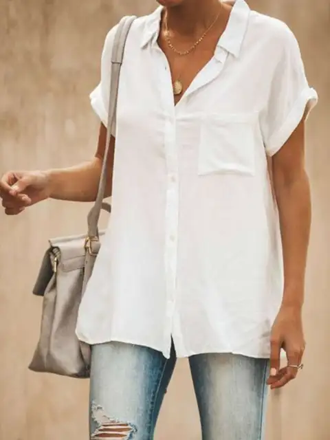 Women's Summer Lapel Casual Shirt Batwing Short-Sleeved Loose Solid Color Blouse