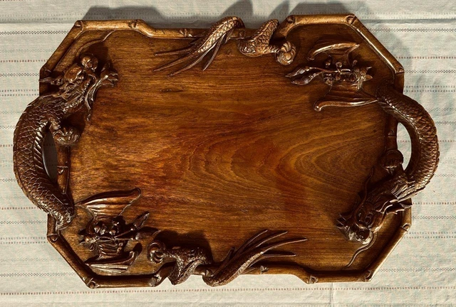 French Antique Gothic Revival Walnut Wood Serving Tray with Dragons and Bats