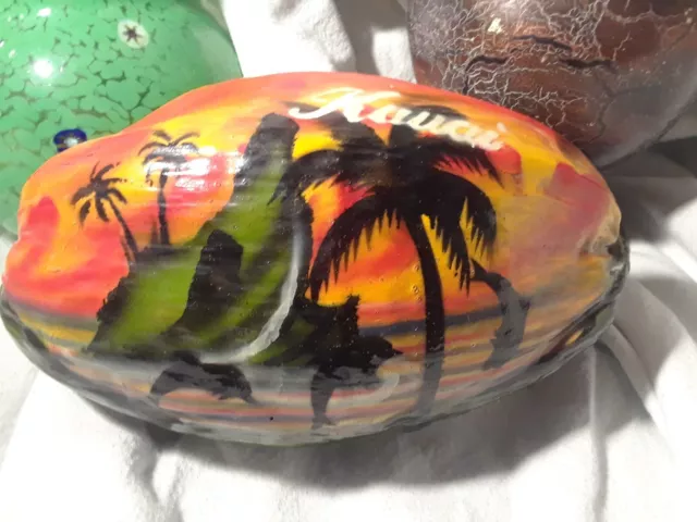 Coconut hand painted Kauai Hawaii 90s rainbow orange  sky folk art tiki  c9