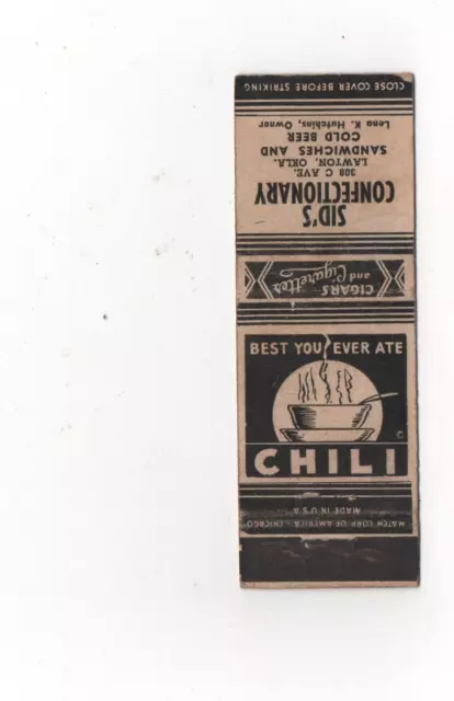 Matchbook Cover Oklahoma Lawton OK Sid's Confectionary Restaurant Chili Beer 2