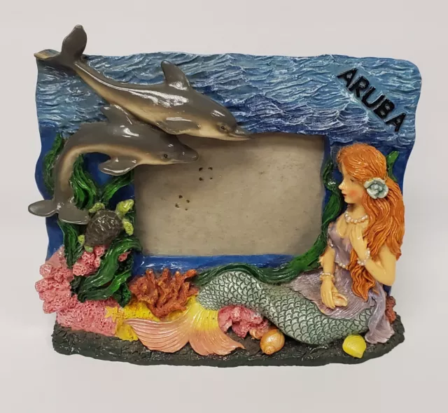 Vtg 3-D Mermaid & Dolphin Image, Aruba Picture Frame resin, turtle, coral. 5x7