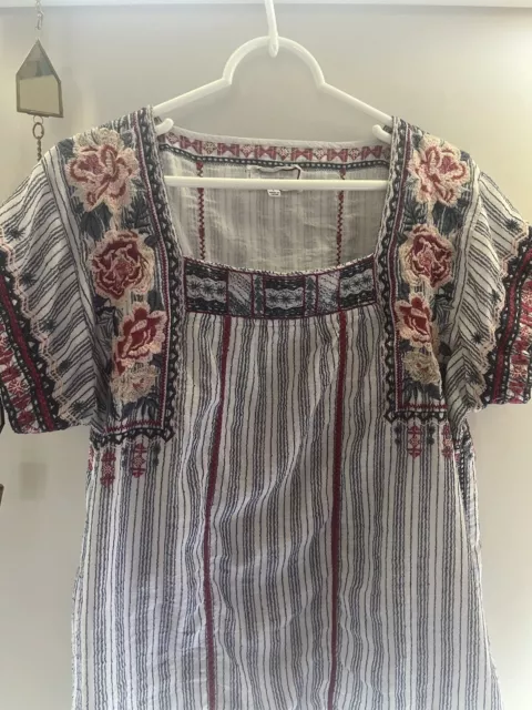 Johnny Was Workshop Embroidered Peasant Blouse Large Striped