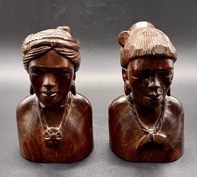 Vintage Hand Carved Wood Busts Man & Woman 4” Tall Igorot Tribe Philippines