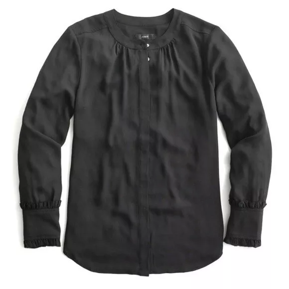J. Crew Drapey Band-Collar Shirt Women’s Size XS Button Front Ruffle Cuffs Black