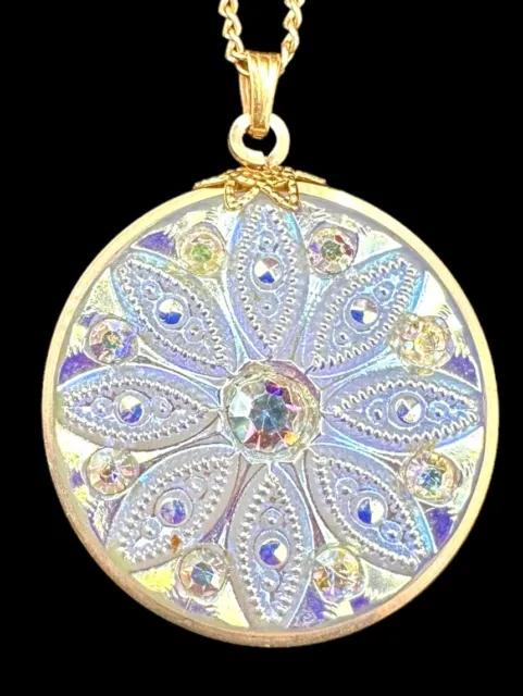 Vtg Hillcrest Iridescent Glass & AB Rhinestone 12k Gold Filled Pendant Necklace