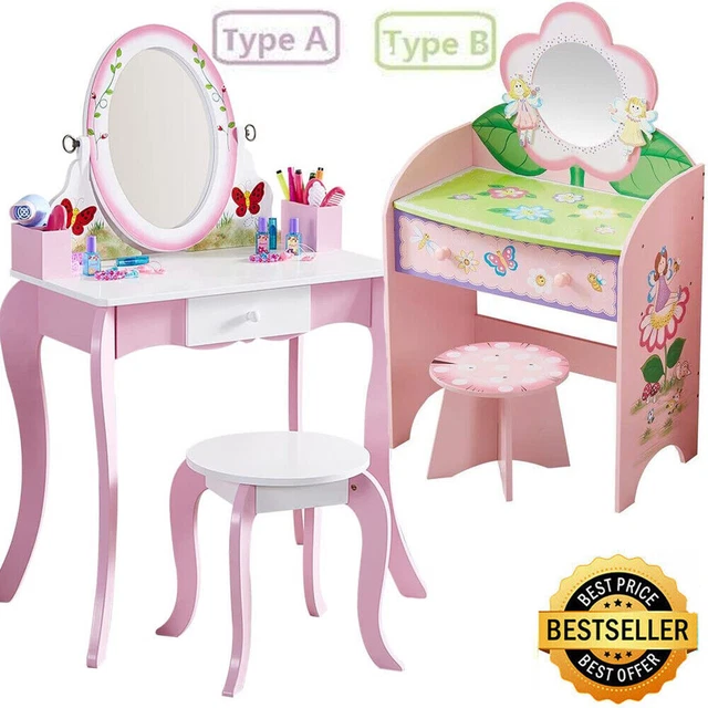 Kids Dressing Table Set Wooden Children Vanity Table W/ Stool Detachable Mirror，