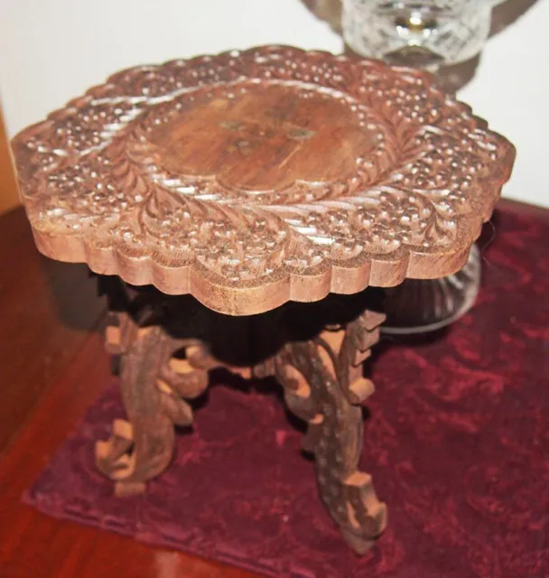 Vintage Wood Folding Round Pedestal Table inlaid top Indian Hand-Carved