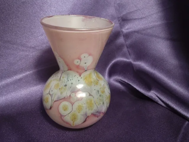Stunning Hand-Painted NIMRON Art Glass Pink Petite Vase ISRAEL