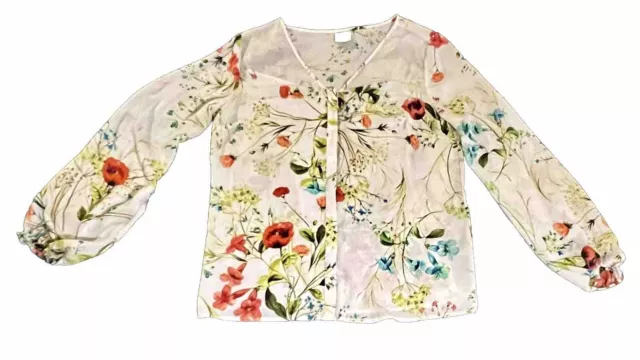 WORTHINGTON Button Up Blouse Multi Color Floral Elastic Sleeves Sz M(452.E) 2