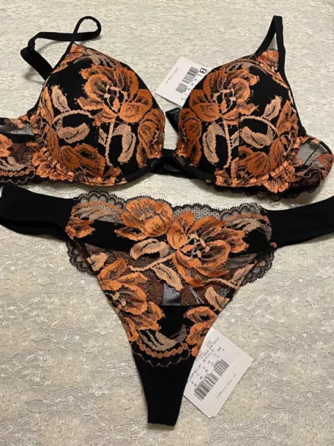 La Perla LP Style Push Up Bra Thong Set 36B S Exotic Black Orange