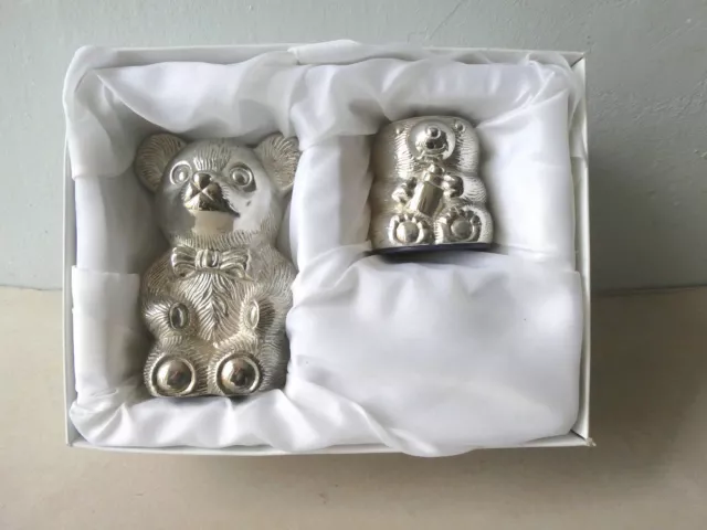 cadeau de naissance en métal argenté, ourson, tirelire, coquetier, vintage an 70