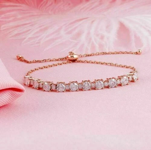 Bolo Style Plaqué Or Rose 6.20Ct Bracelet Rond Moissanite Clouté En Argent