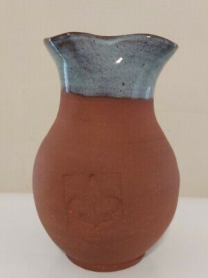 Studio Pottery Terra Cotta & Green Glazed Vase - Fleur De Lis Design