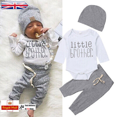 Newborn Baby Boys Long Sleeve Romper Little Brother Tops Pants Hat Set Clothes