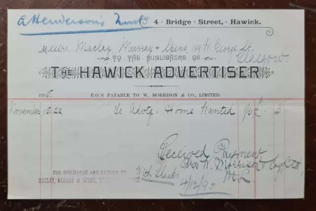 1895 The Hawick Advertiser, 4 Bridge Street, Hawick Invoice