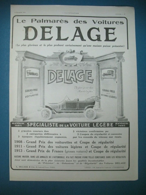 Publicite De Presse Delage Automobile Specialiste Voiture Legere French Ad 1913
