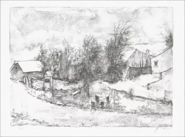 Bernard Gantner - Lithographie originale signée, Paysage de campagne 48x66cm