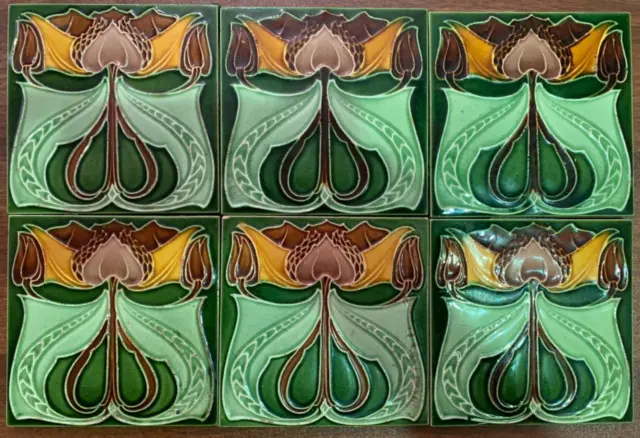 Tiles Rare England Art Nouveau 6X6 Inch Antique Majolica Vintage Backsplash 6 Pc