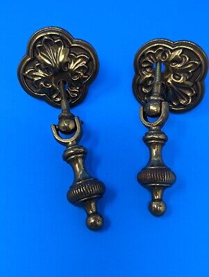 Vintage Solid Brass Drawer Pull Pendant Drop Ornate Set of 2