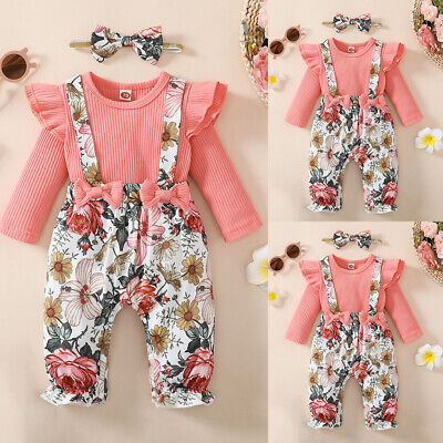 Newborn Baby Girl Floral Outfits Ruffle Bow Romper Jumpsuit Pants Ribbed Clothes