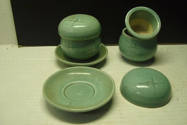 8 pcs Vintage Ceramic Korea Tea with infuser Strainer Celadon Green Complete Set