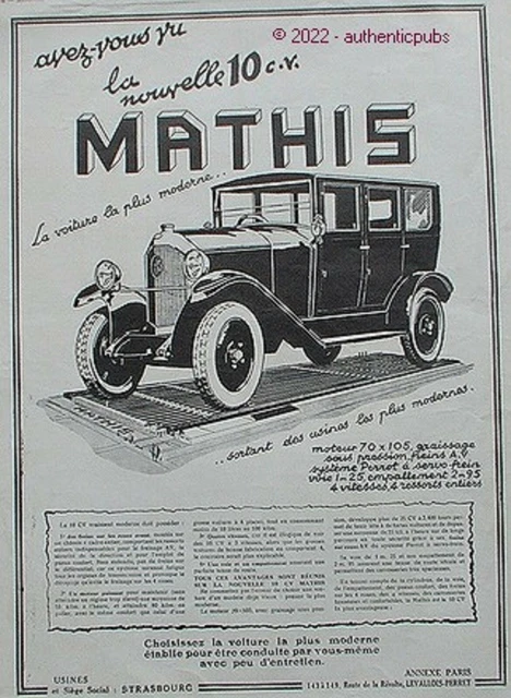 Publicite Mathis Automobile La 10 Cv Voiture Moderne De 1925 French Ad Pub Car