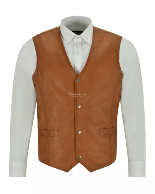 Mens Leather Waistcoat Gilet Formal Classic Tan Real Leather Biker Vest 1118