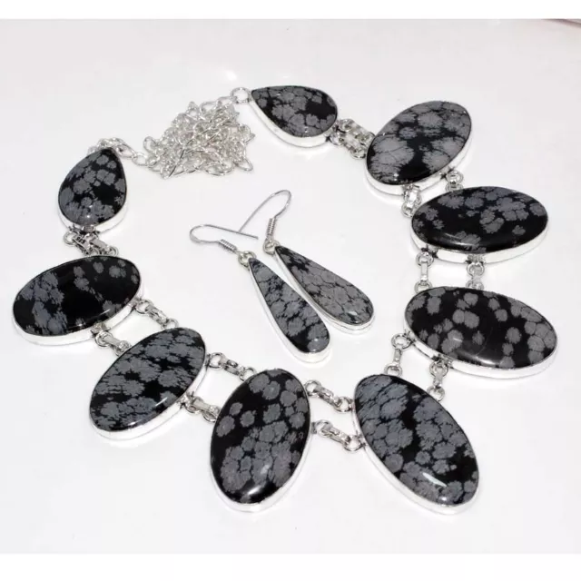 SNOWFLAKE OBSIDIAN HANDMADE Big Cluster Necklace Earrings Set Jewelry ...