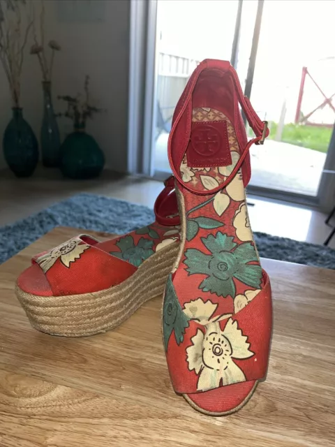 Tory Burch Red Floral Espadrille High Wedge Heels Sandal Sz 9 M Ankle Strap