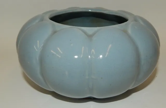 Vintage Blue Ceramic Art Pottery Lobed Round Melon Shaped Planter Bowl