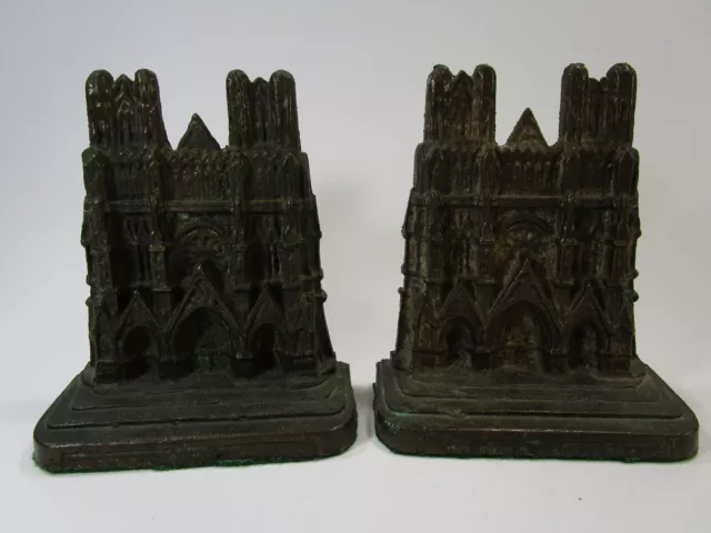 Vintage Solid BRASS Bronze NOTRE DAME CATHEDRAL Book Ends Pair 7" tall Antique