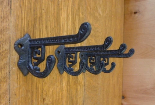 4 BROWN ANTIQUE-STYLE CAST IRON EASTLAKE-STYLE VICTORIAN COAT HOOKS hardware art