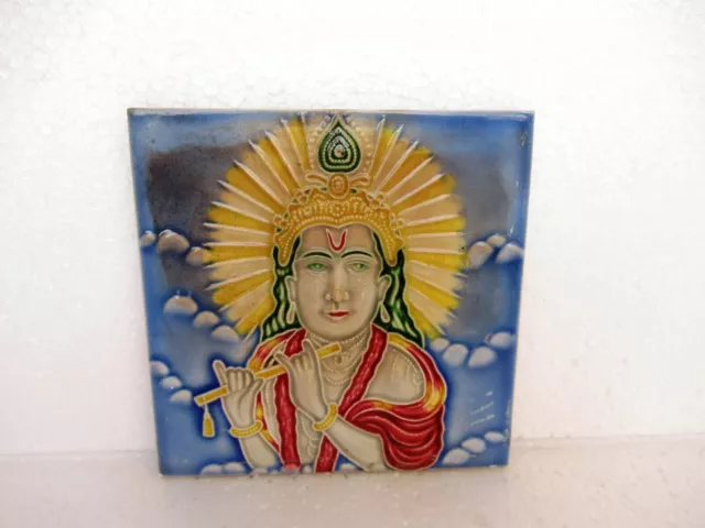Antique Tile Art Nouveau Porcelain Majolica Japan Lord Krishna Flute Music Old"6