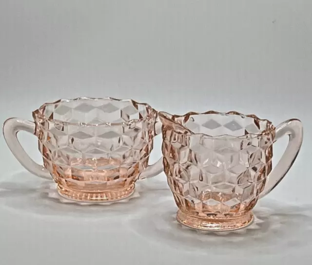 Jeannette Pink Depression Glass Vintage Creamer & Sugar Set Cubist Cube