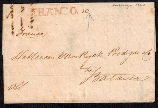 Dutch East Indies Pre Stamp 1823 Cover w/FRANCO HANDSTAMP RED 93 RARE