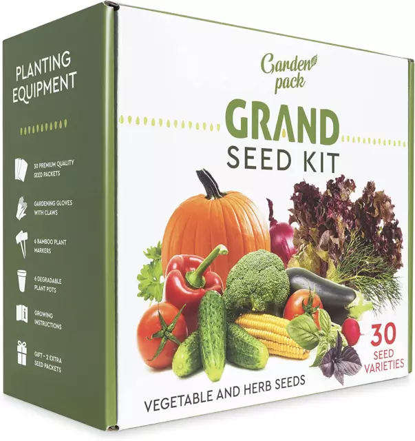 Grand Seed Growing Kit - 30 Vegetable Seeds Varieties - Gloves with Claws, 6 Bio