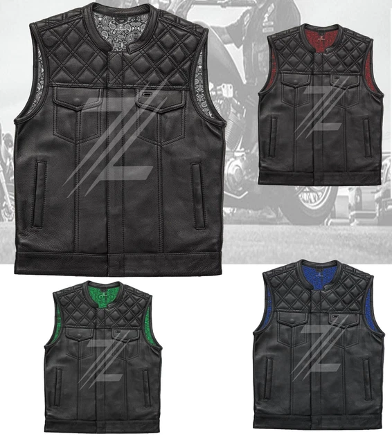 Men's Cowhide Motorbike Leather Vest Diamond Quilted Motorcycle Club Bikers Vest