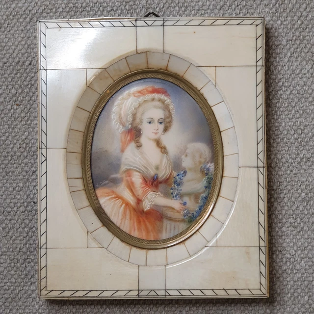 Peinture Miniature Ancienne Signée – Scène Romantique, Promenade, œuvre D'art