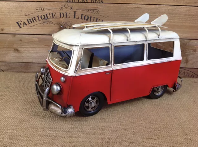 Large Vintage style Red & White VW camper van with surf boards metal/Tin Truck