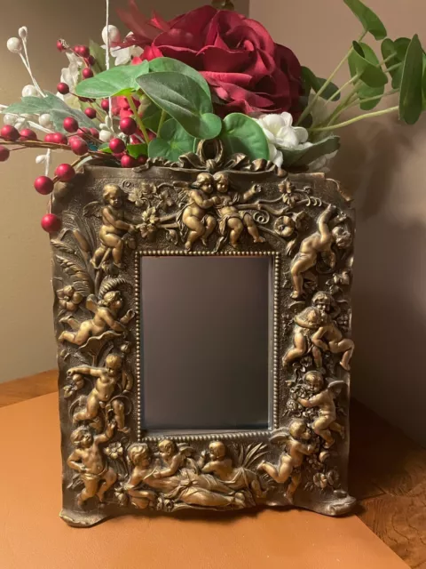 Antique Gorgeous Cast Cherub Fairies Picture Frame Flowers 8.5'' X 10 copper